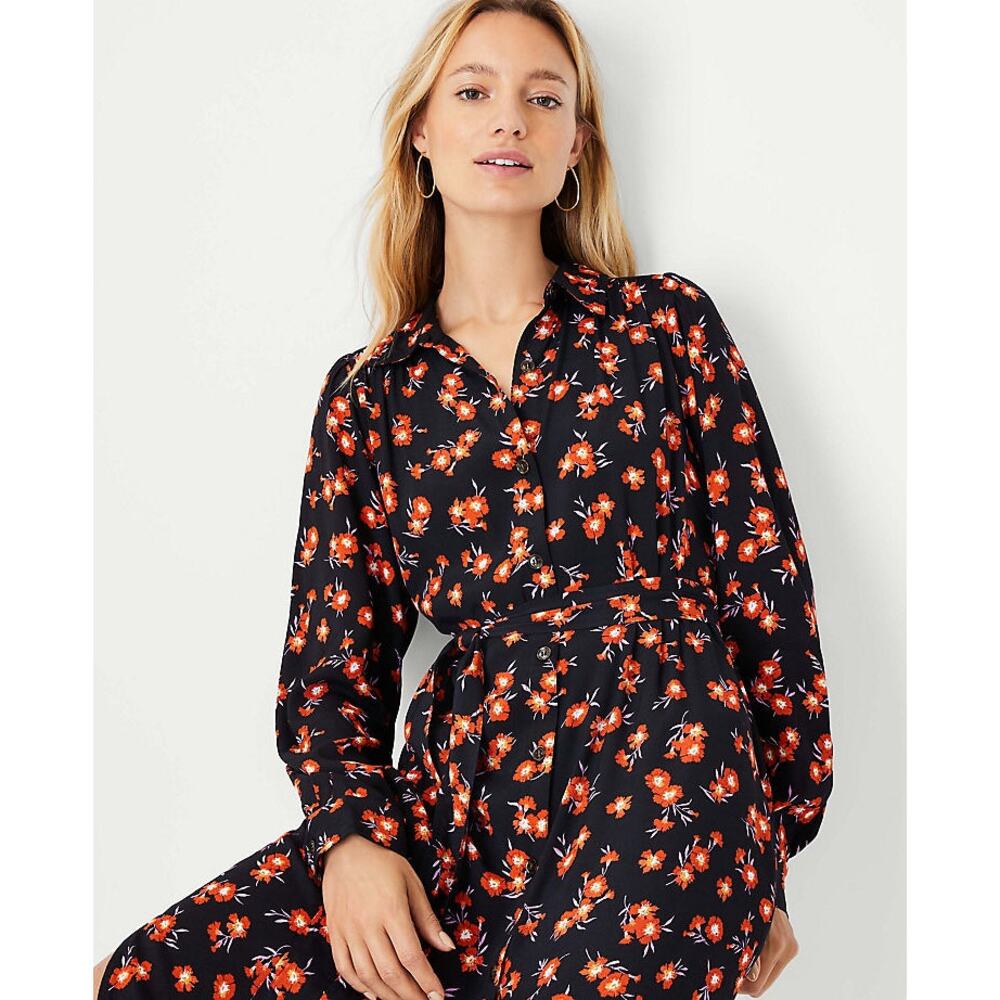 Ann Taylor Floral Button Up Shirt Dress Size S Small Black Multi - Picture 9 of 9